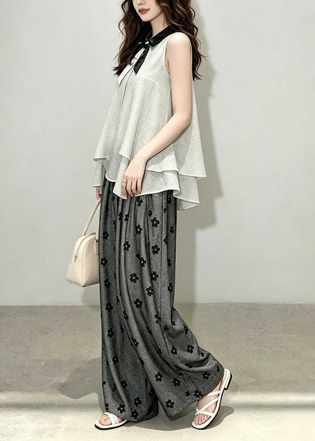 Chic Grey Asymmetrical Print Two Pieces Set Sleeveless