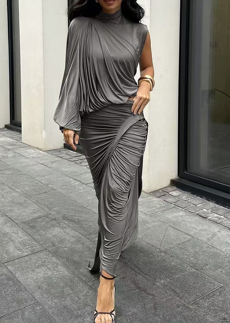 Chic Grey Asymmetrical Wrinkled Cotton Two Pieces Set Summer