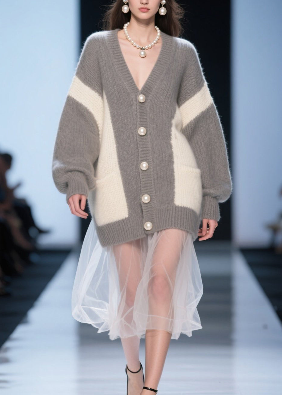 Chic Grey Button Tulle Patchwork Knit Cardigan Fall