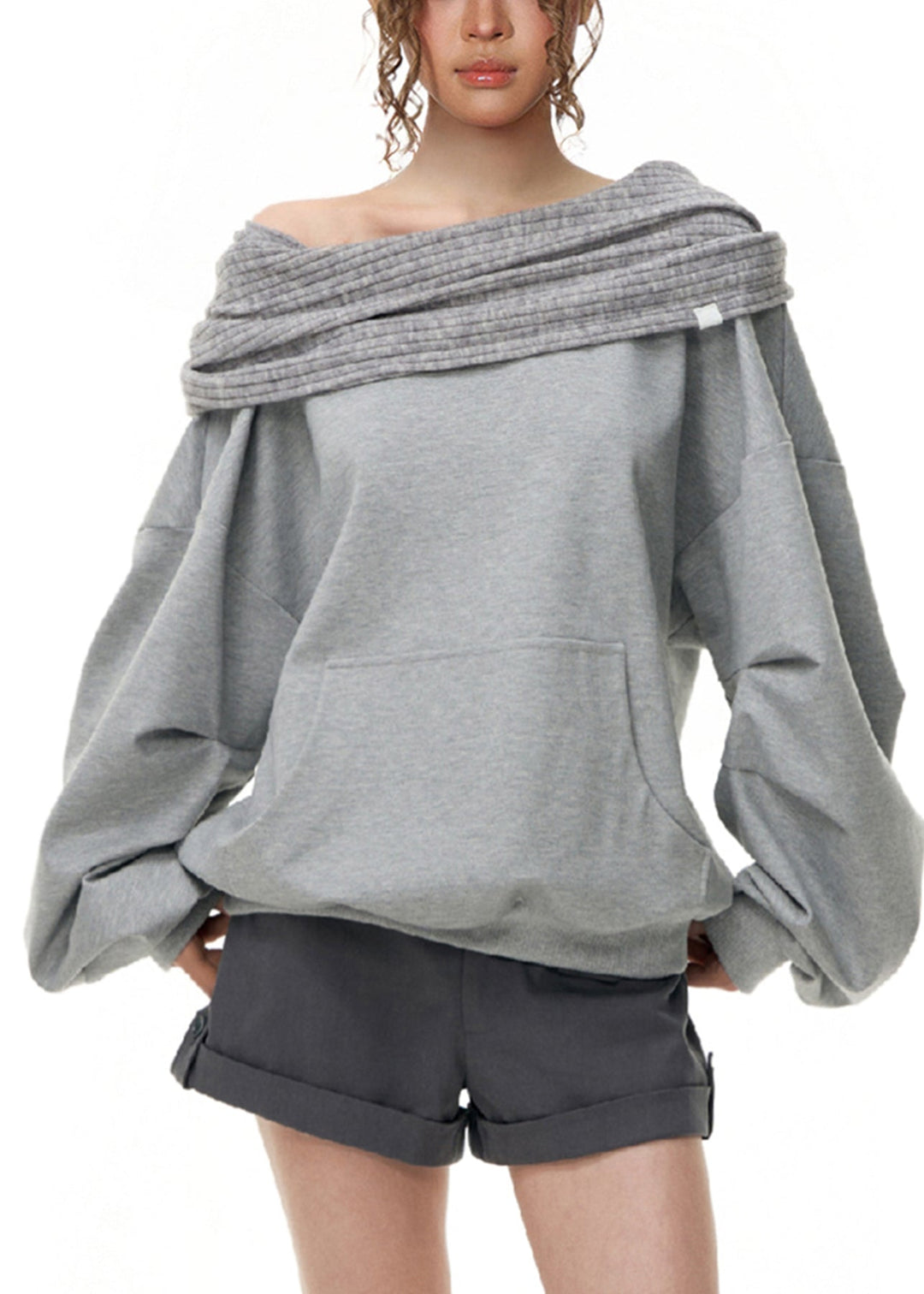 Chic Grey Cold Shoulder Patchwork Cotton Sweatshirt Fall