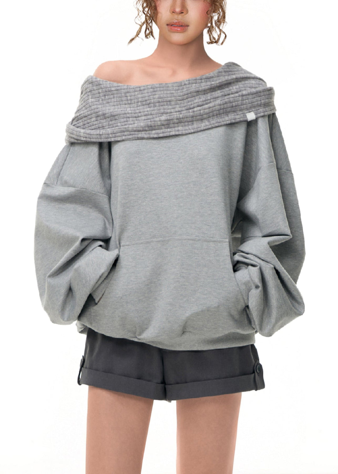 Chic Grey Cold Shoulder Patchwork Cotton Sweatshirt Fall