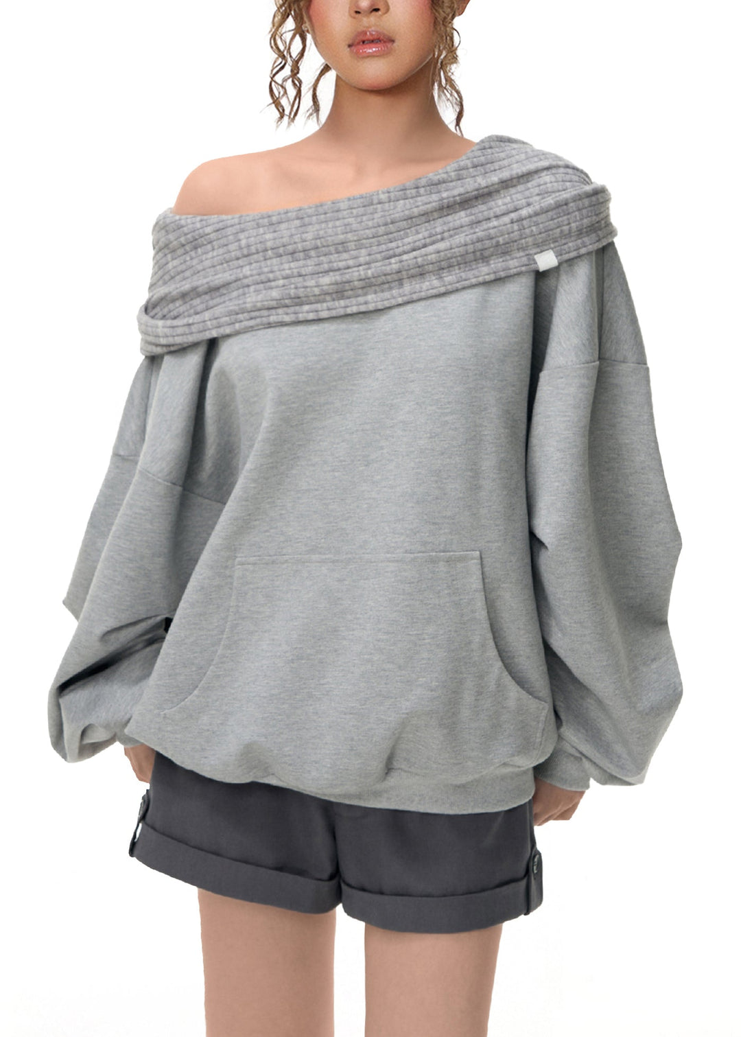 Chic Grey Cold Shoulder Patchwork Cotton Sweatshirt Fall