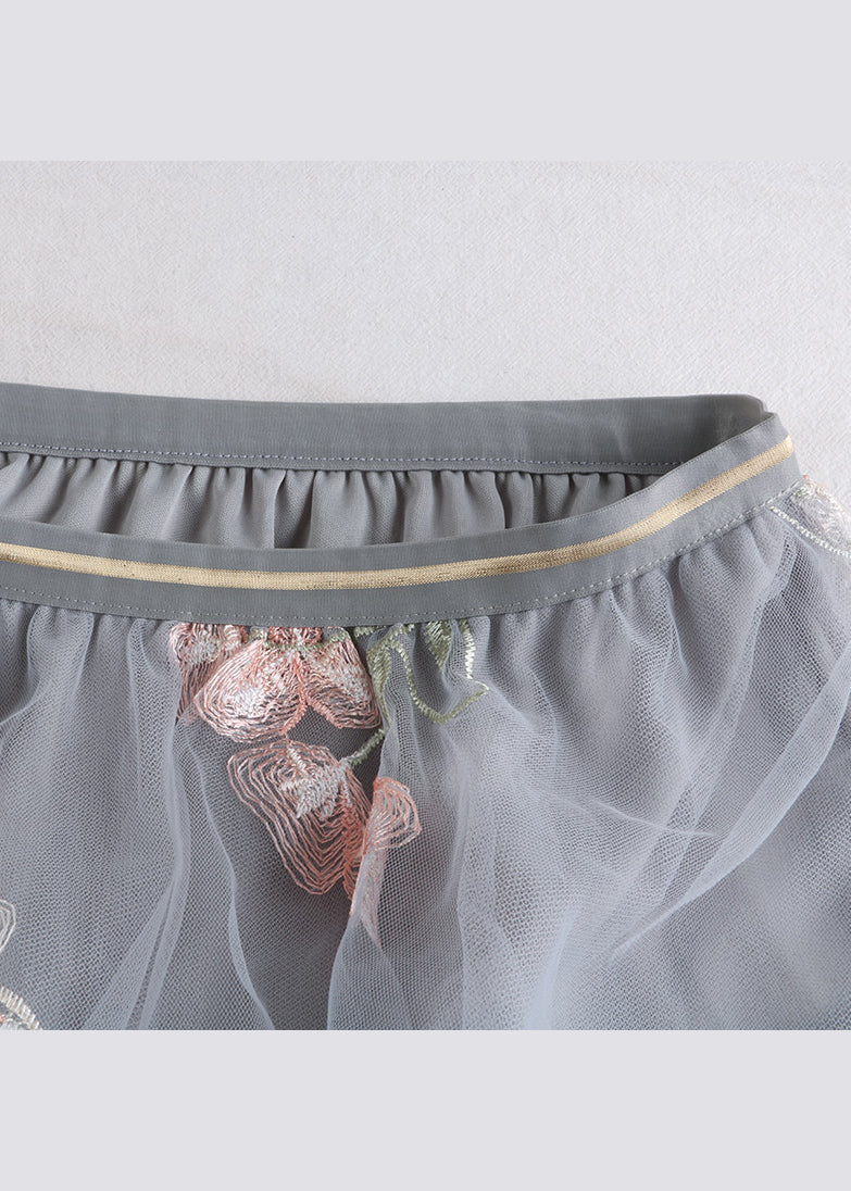 Chic Grey Embroidered Elastic Waist Tulle Skirts Spring