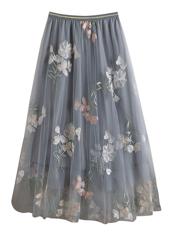 Chic Grey Embroidered Elastic Waist Tulle Skirts Spring