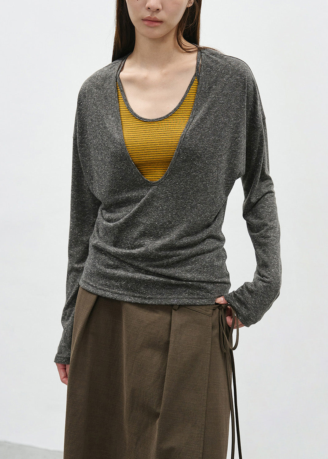 Chic Grey False Two Pieces Patchwork Cotton T Shirts Spring