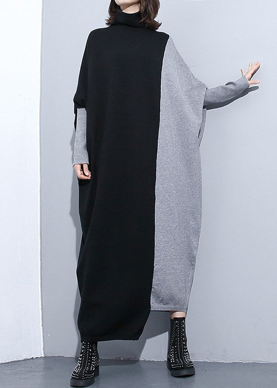 Chic Grey Hign Neck Patchwork Knitwear Dress Batwing Sleeve