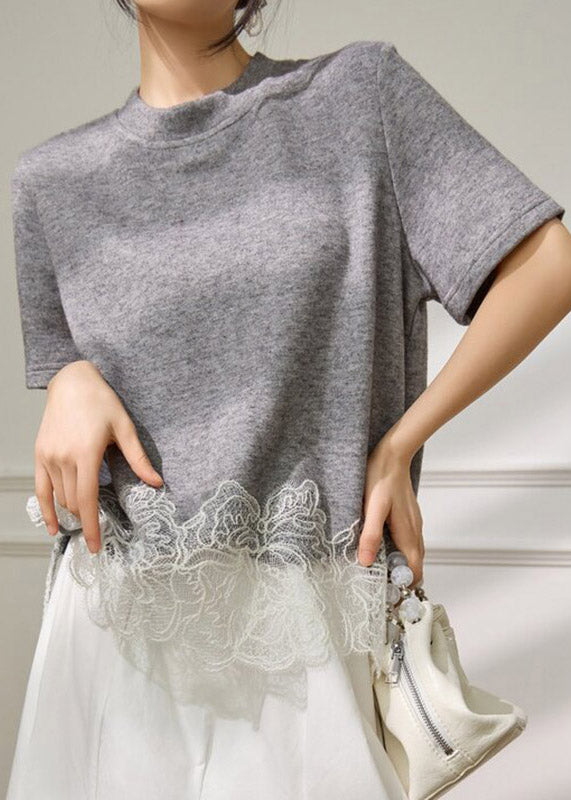 Chic Grey Lace Patchwork Top Short Sleeve