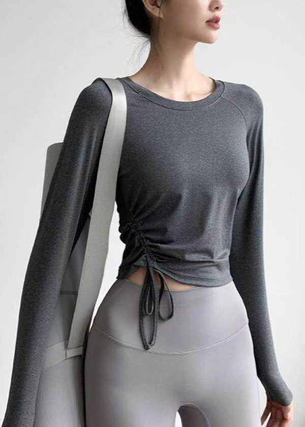 Chic Grey O Neck Drawstring Long Sleeve Yoga Top