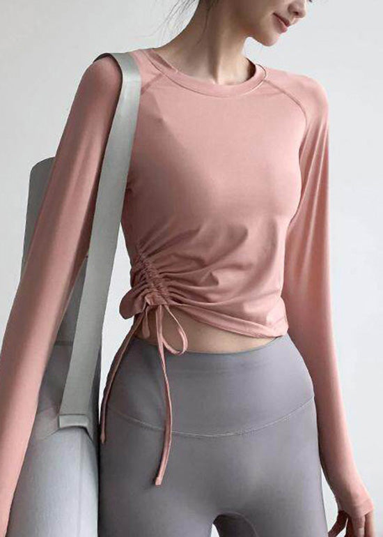 Chic Grey O Neck Drawstring Long Sleeve Yoga Top