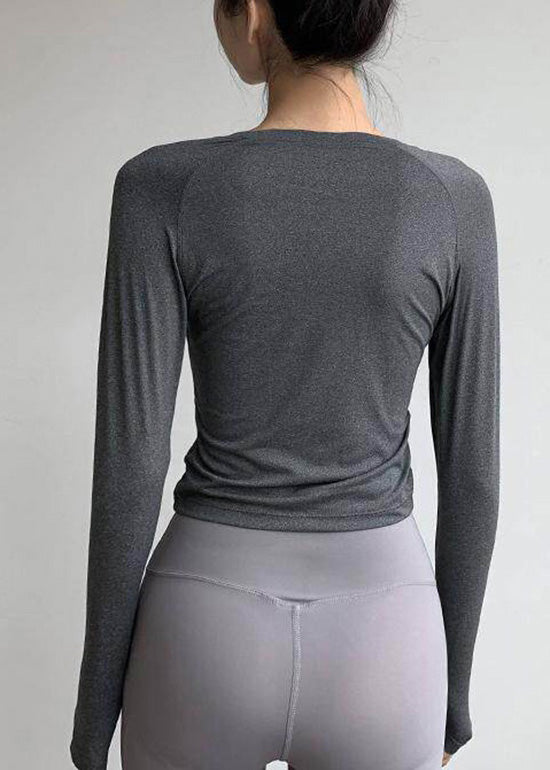 Chic Grey O Neck Drawstring Long Sleeve Yoga Top
