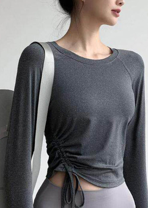 Chic Grey O Neck Drawstring Long Sleeve Yoga Top