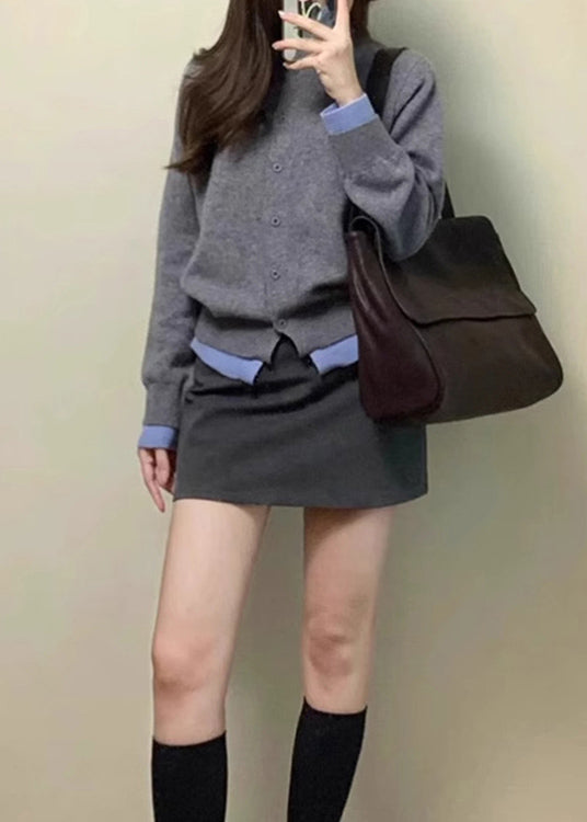 Chic Grey O Neck False Two Pieces Knit Cardigan Spring