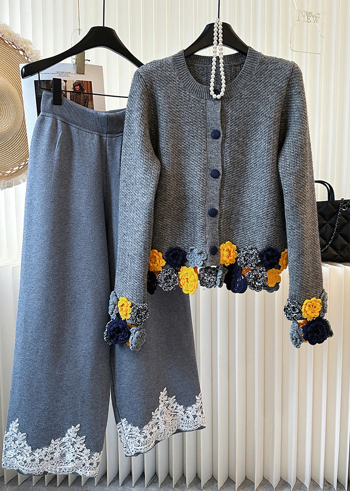 Chic Grey O-Neck Floral Knit Cardigan Winter