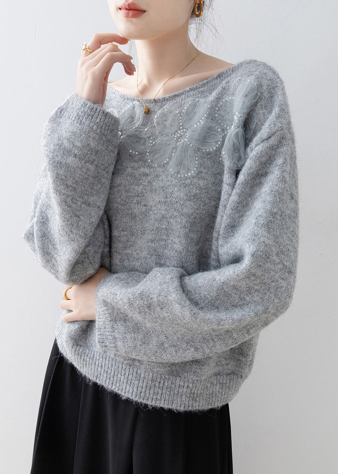 Chic Grey O Neck Floral Sequins Knitted Sweaters Spring