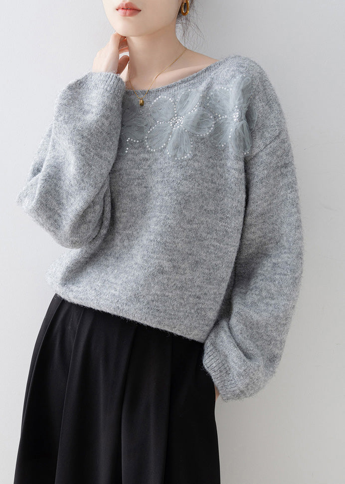 Chic Grey O Neck Floral Sequins Knitted Sweaters Spring