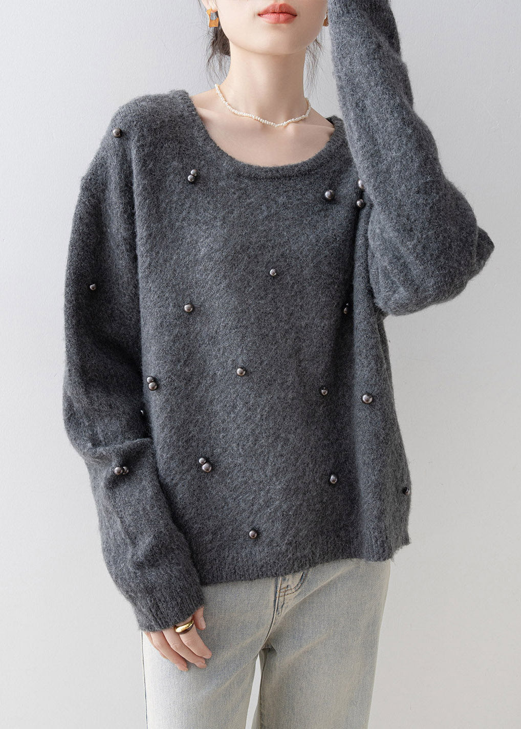 Chic Grey O Neck Nail Bead Knit Sweater Spring