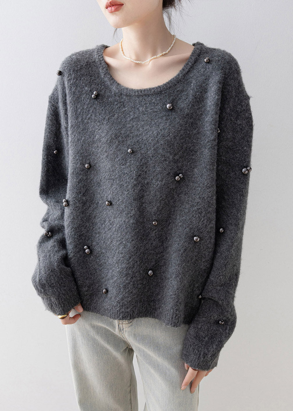 Chic Grey O Neck Nail Bead Knit Sweater Spring