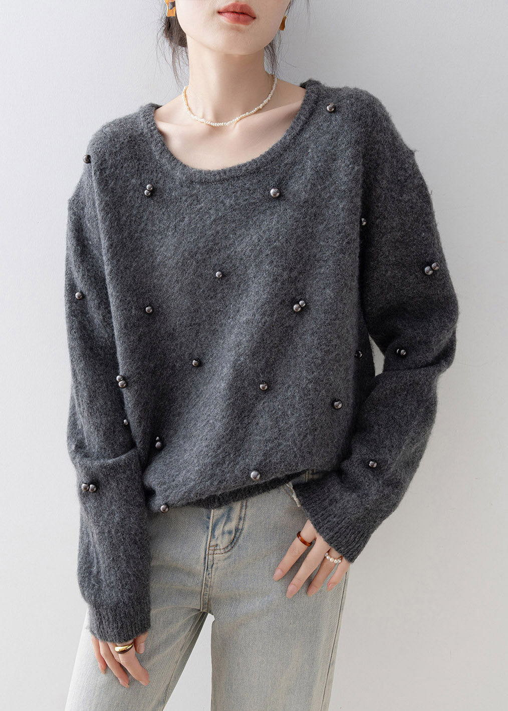 Chic Grey O Neck Nail Bead Knit Sweater Spring