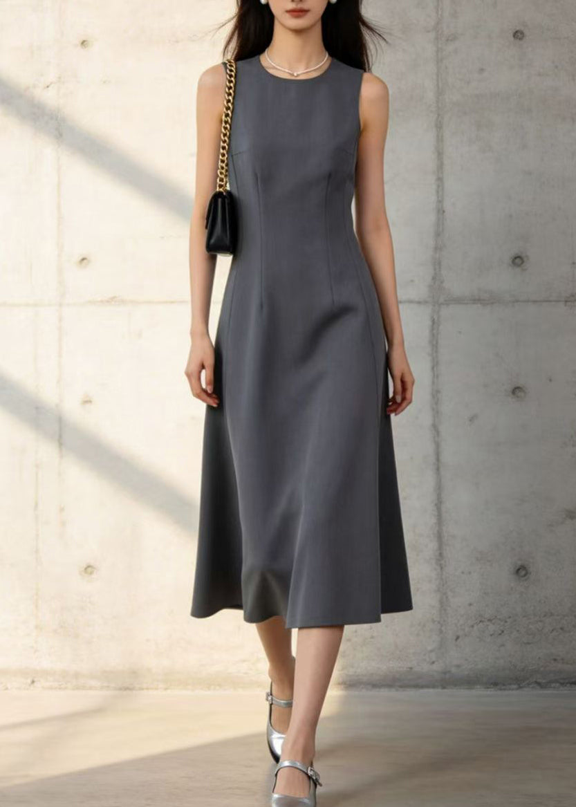 Chic Grey O-Neck Silm Cotton Work Dresses Summer