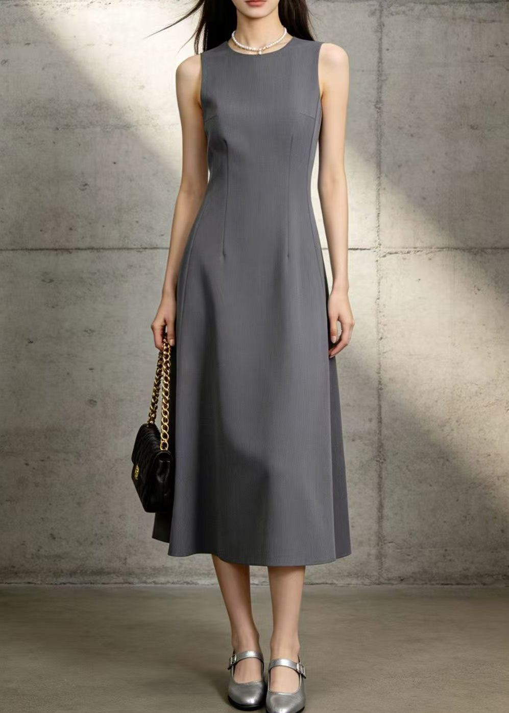 Chic Grey O-Neck Silm Cotton Work Dresses Summer