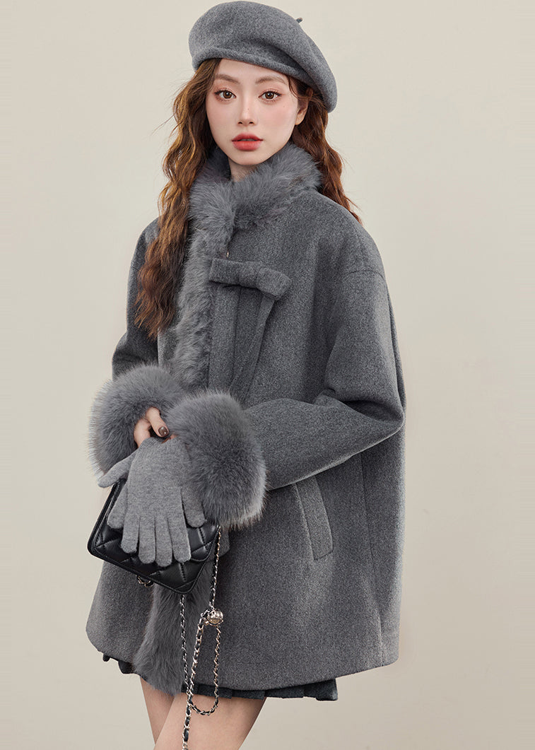 Chic Grey Oversized Patchwork Faux Fur Wool Trench Winter