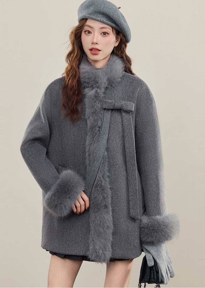Chic Grey Oversized Patchwork Faux Fur Wool Trench Winter