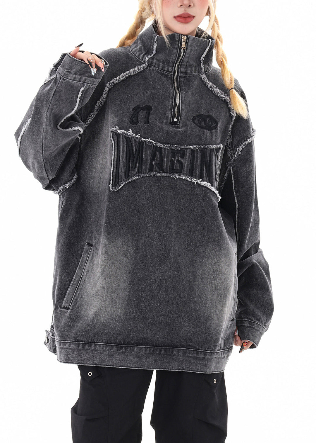 Chic Grey Oversized Stand Collar Embroidered Denim Pullover Coats Spring