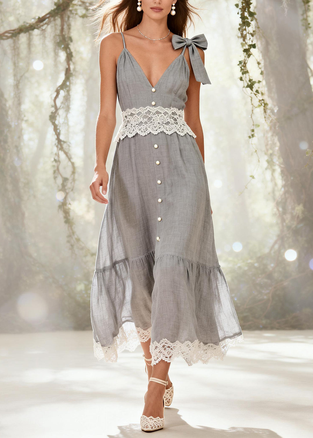 Chic Grey Patchwork Lace Fine Pearl Spaghetti Strap Dress Summer