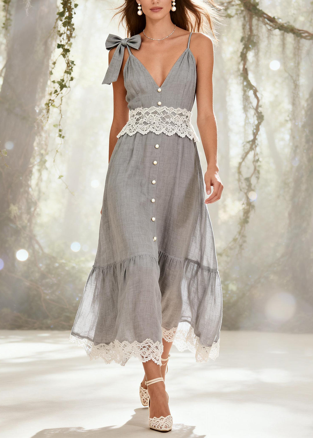 Chic Grey Patchwork Lace Fine Pearl Spaghetti Strap Dress Summer