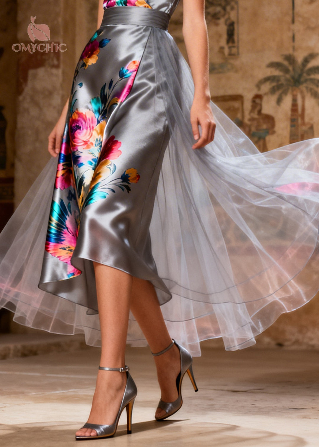 Chic Grey Patchwork Tulle Print Cami Dress Summer