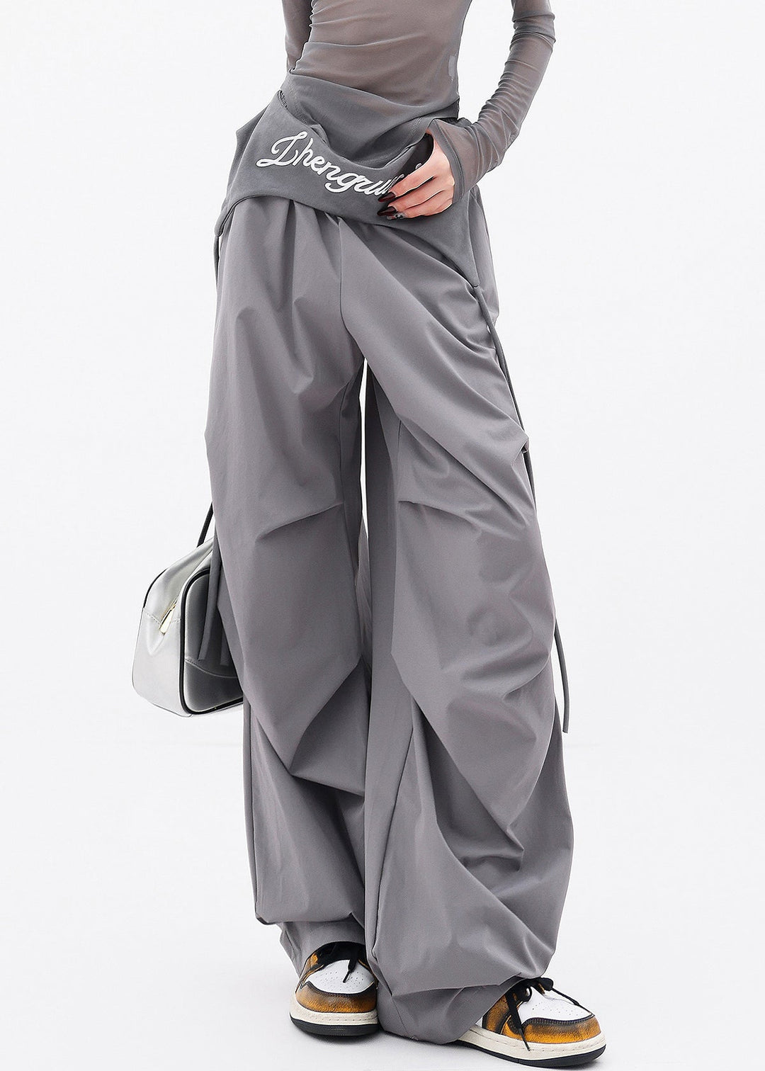 Chic Grey Pockets Wrinkled Cotton Wide Leg Pants Fall