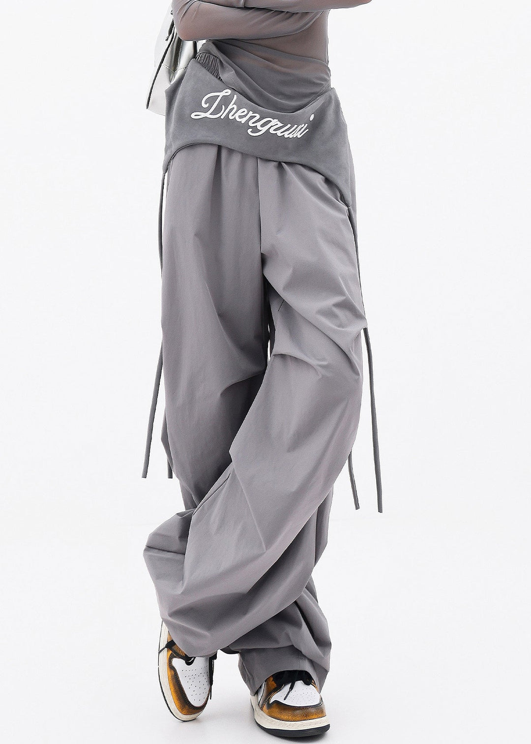 Chic Grey Pockets Wrinkled Cotton Wide Leg Pants Fall