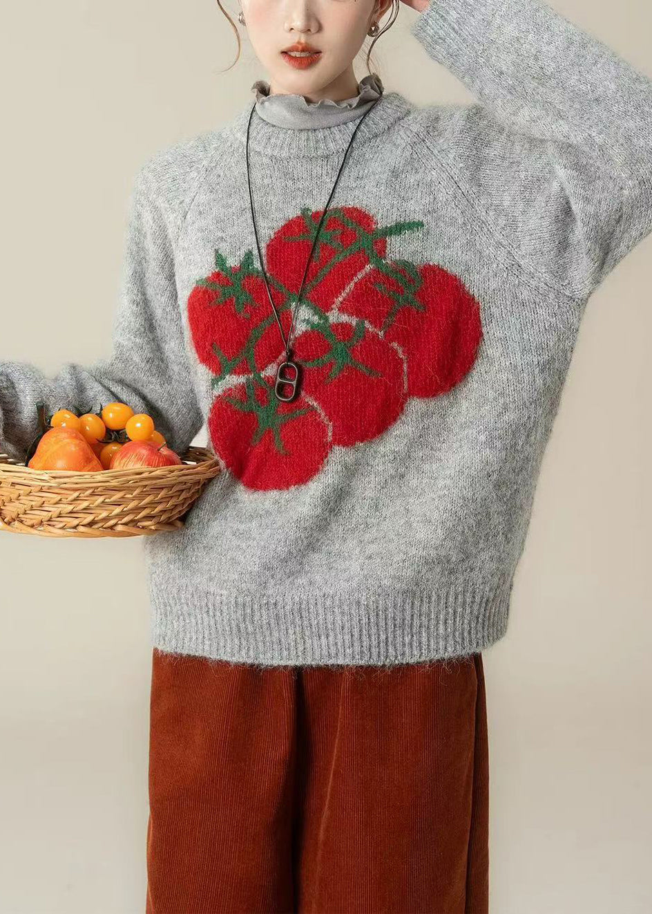 Chic Grey Print Chunky Oversized Knitted Tops Winter