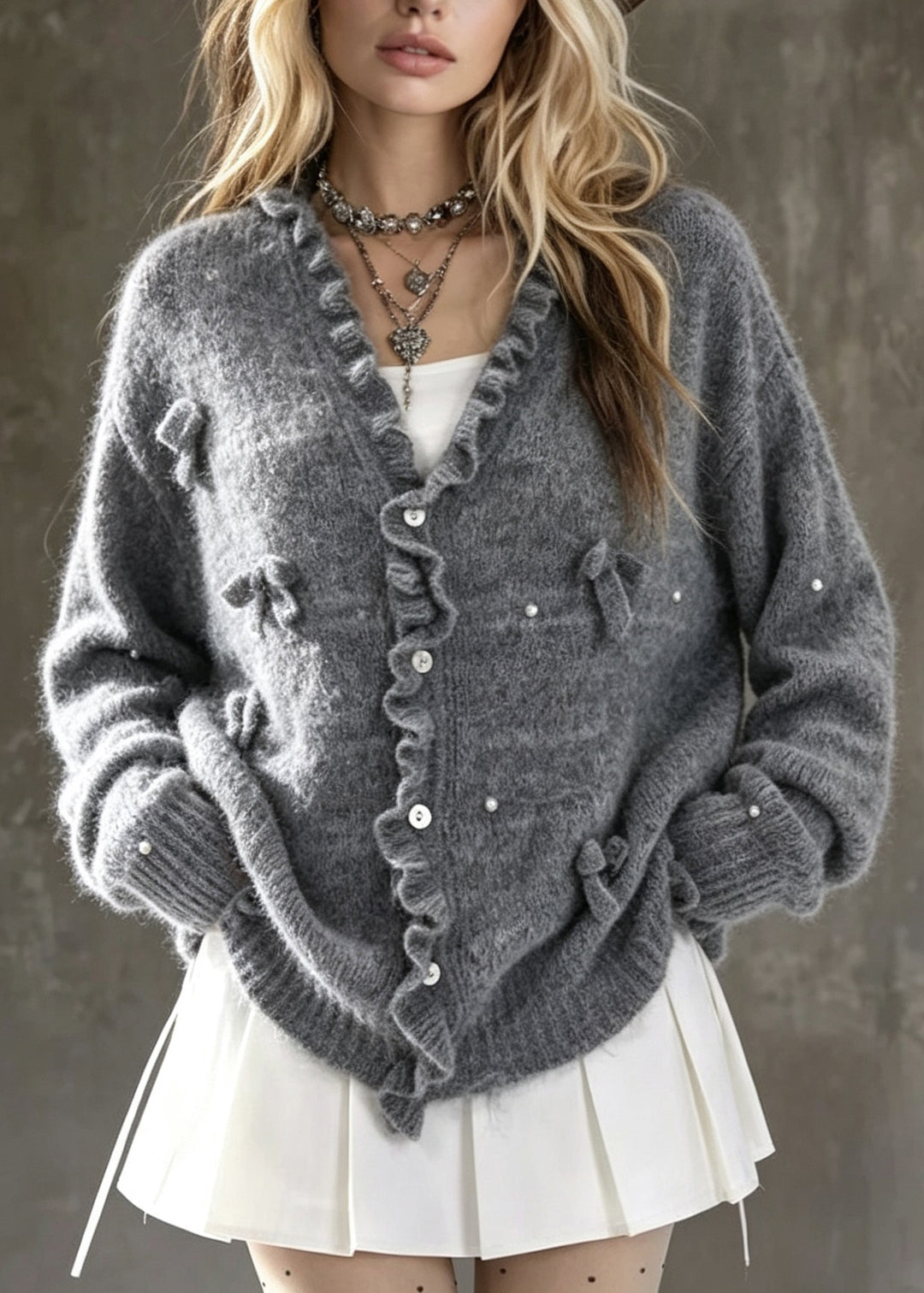Chic Grey Ruffled Bow Nail Bead Patchwork Knit Cardigans Fall