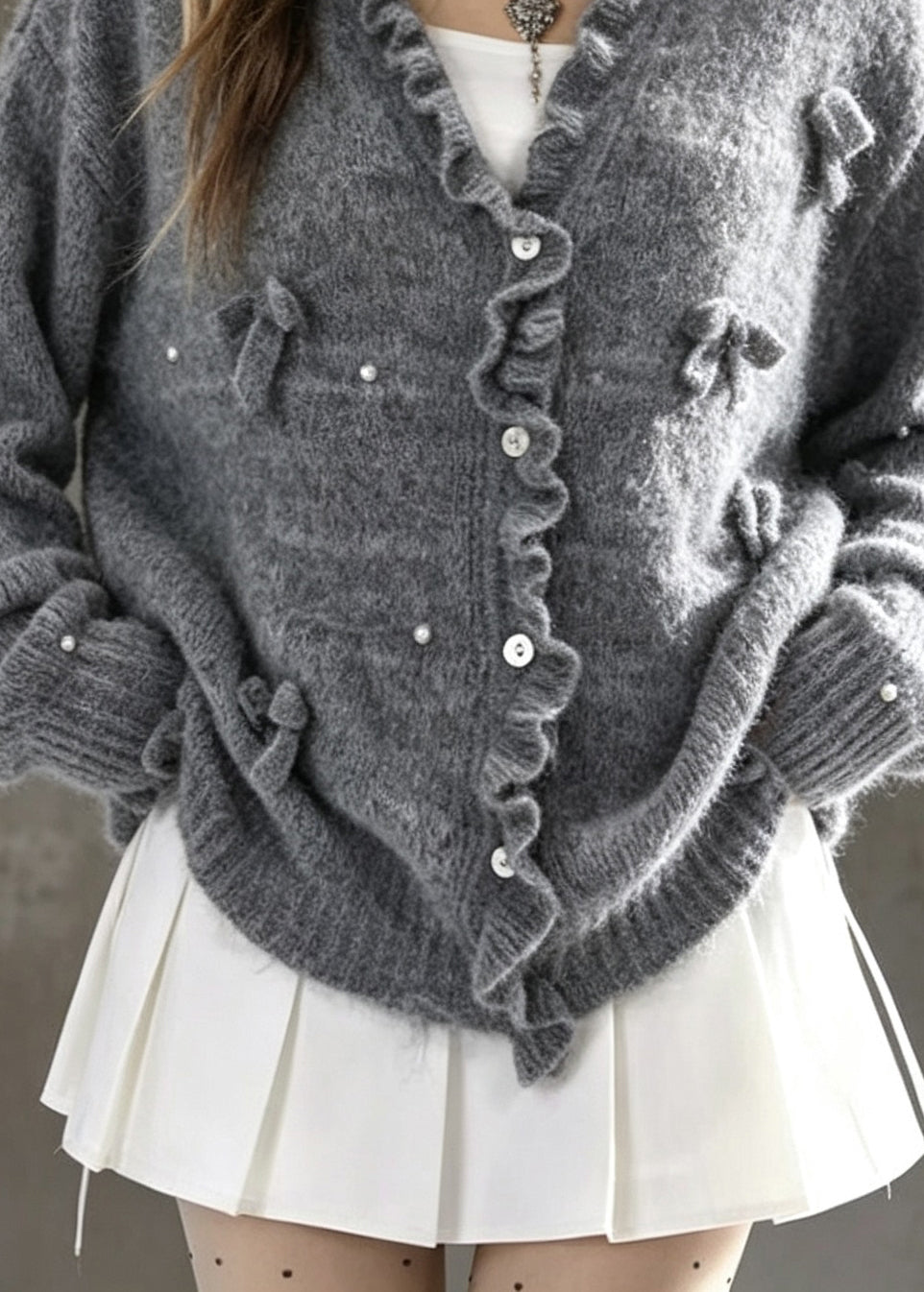 Chic Grey Ruffled Bow Nail Bead Patchwork Knit Cardigans Fall