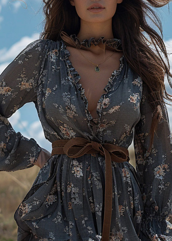 Chic Grey Ruffled Print Patchwork Cotton Mini Dress Long Sleeve
