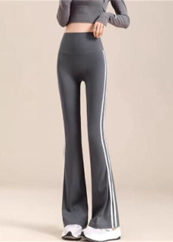 Chic Grey Striped High Waist Flare Yoga Pants