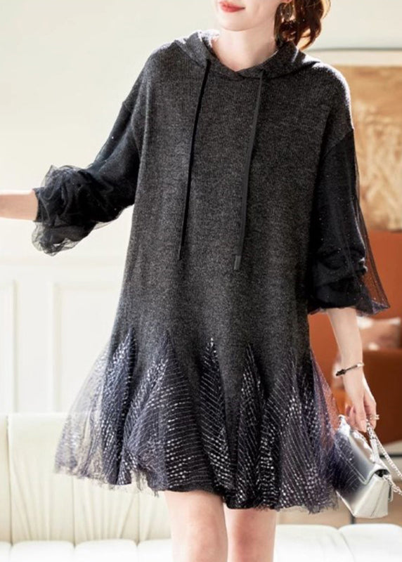 Chic Grey Tie Lace Tulle Patchwork Hooded Mid Dress Spring