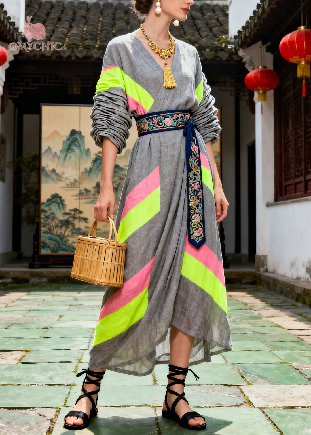 Chic Grey Tunic Patchwork Cotton Long Dresses Summer
