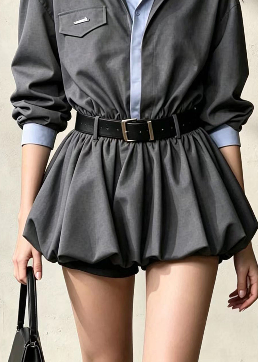Chic Grey Turn-Down Collar Faux Two Piece Bubble Mini Dress Fall