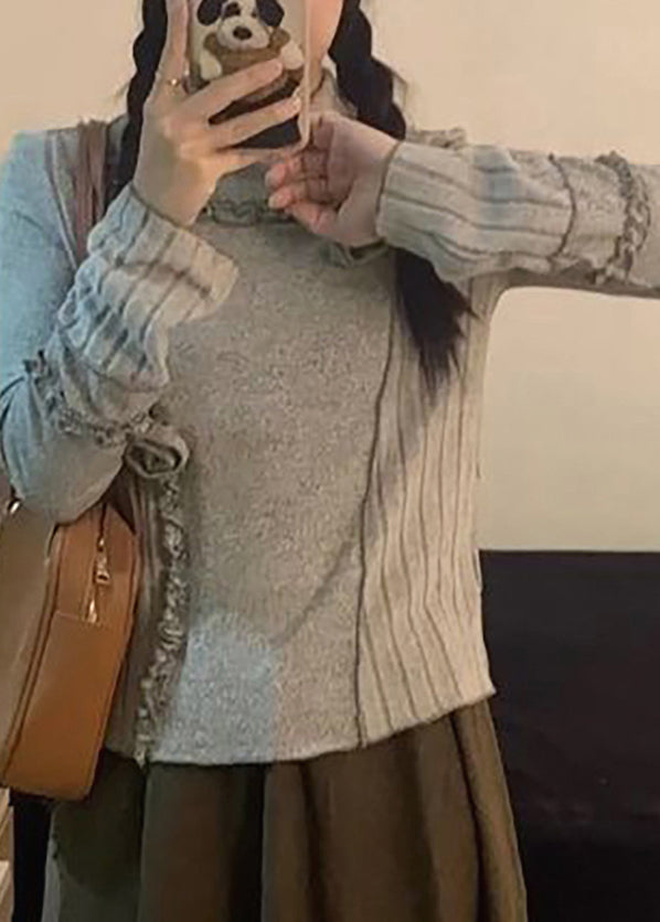 Chic Grey Turtleneck Patchwork Floral Top Fall