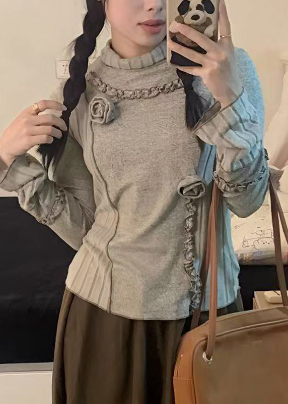 Chic Grey Turtleneck Patchwork Floral Top Fall