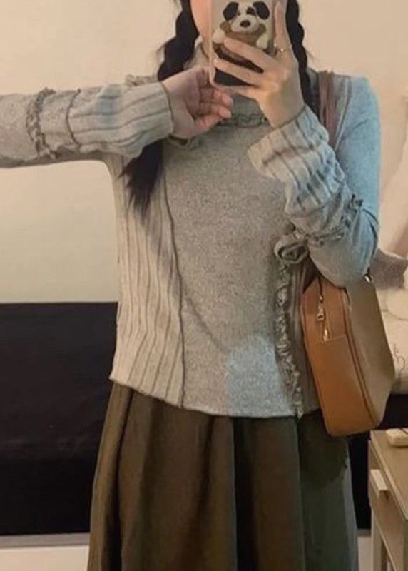 Chic Grey Turtleneck Patchwork Floral Top Fall