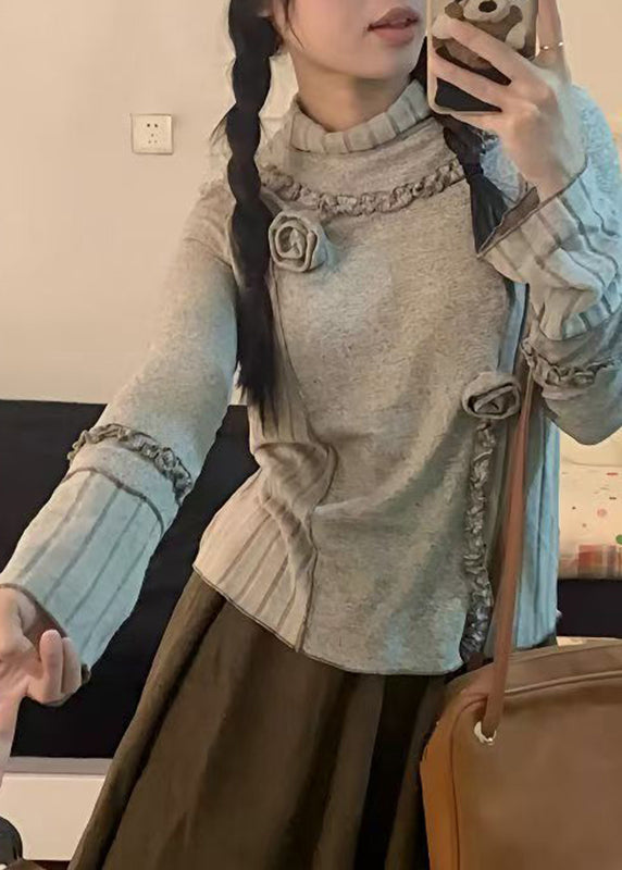 Chic Grey Turtleneck Patchwork Floral Top Fall