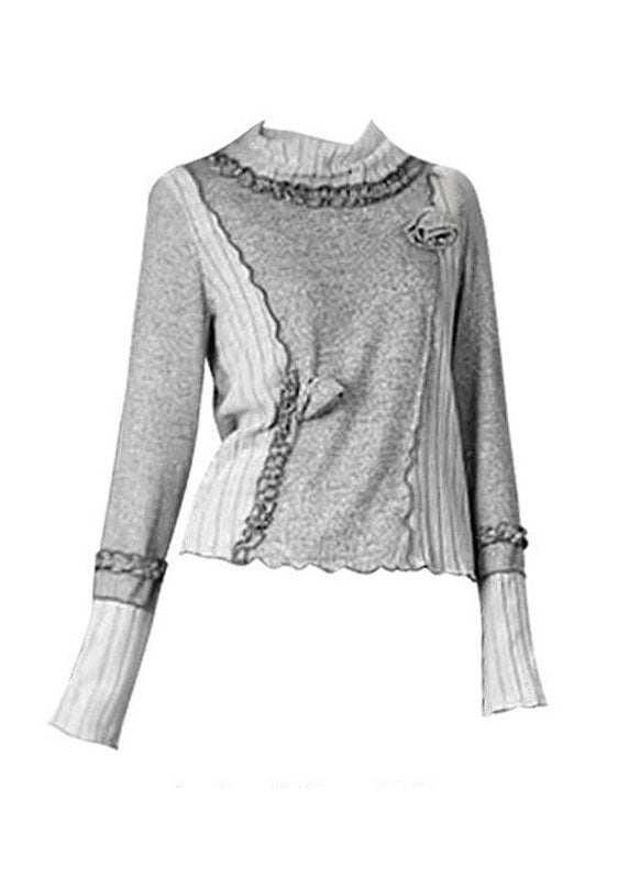 Chic Grey Turtleneck Patchwork Floral Top Fall