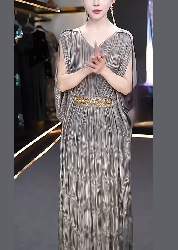 Chic Grey V Neck High Waist Silk Long Dresses Summer