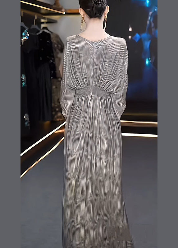 Chic Grey V Neck High Waist Silk Long Dresses Summer