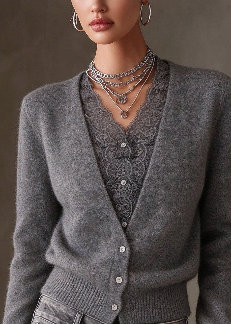 Chic Grey V Neck Lace Patchwork Cotton Knit Cardigans Long Sleeve