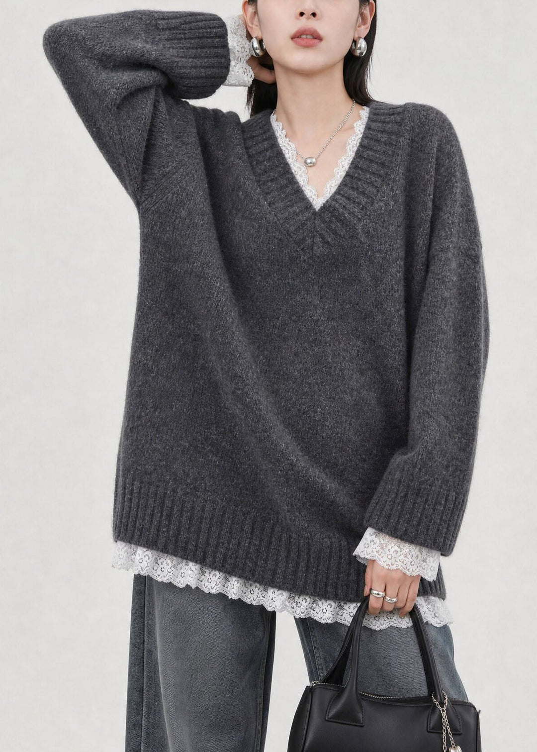 Chic Grey V Neck Lace Patchwork Knit Sweaters Top Fall