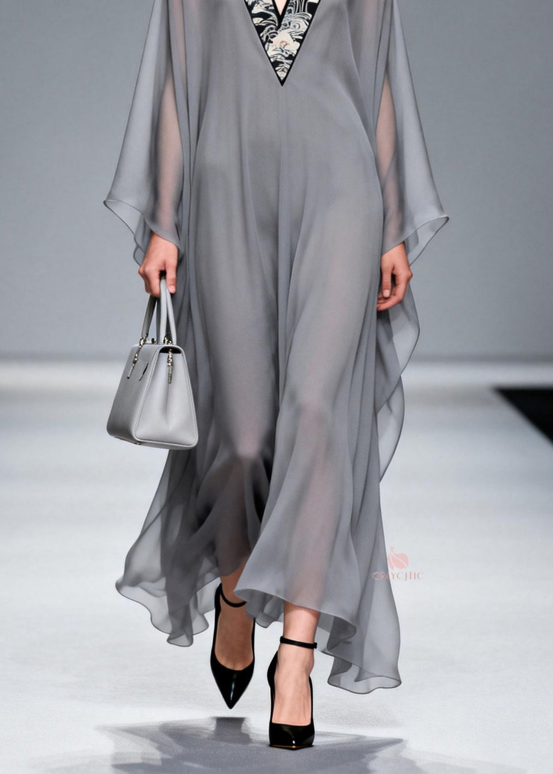 Chic Grey V Neck Patchwork Chiffon Long Dress Spring